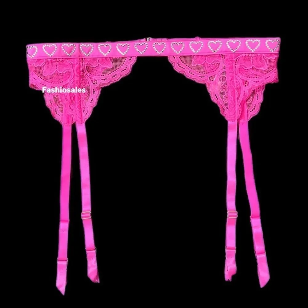 Victoria’s Secret Very Sexy Pink Lace Crystal Hearts Strap Garter Belt Pink Xs/S
